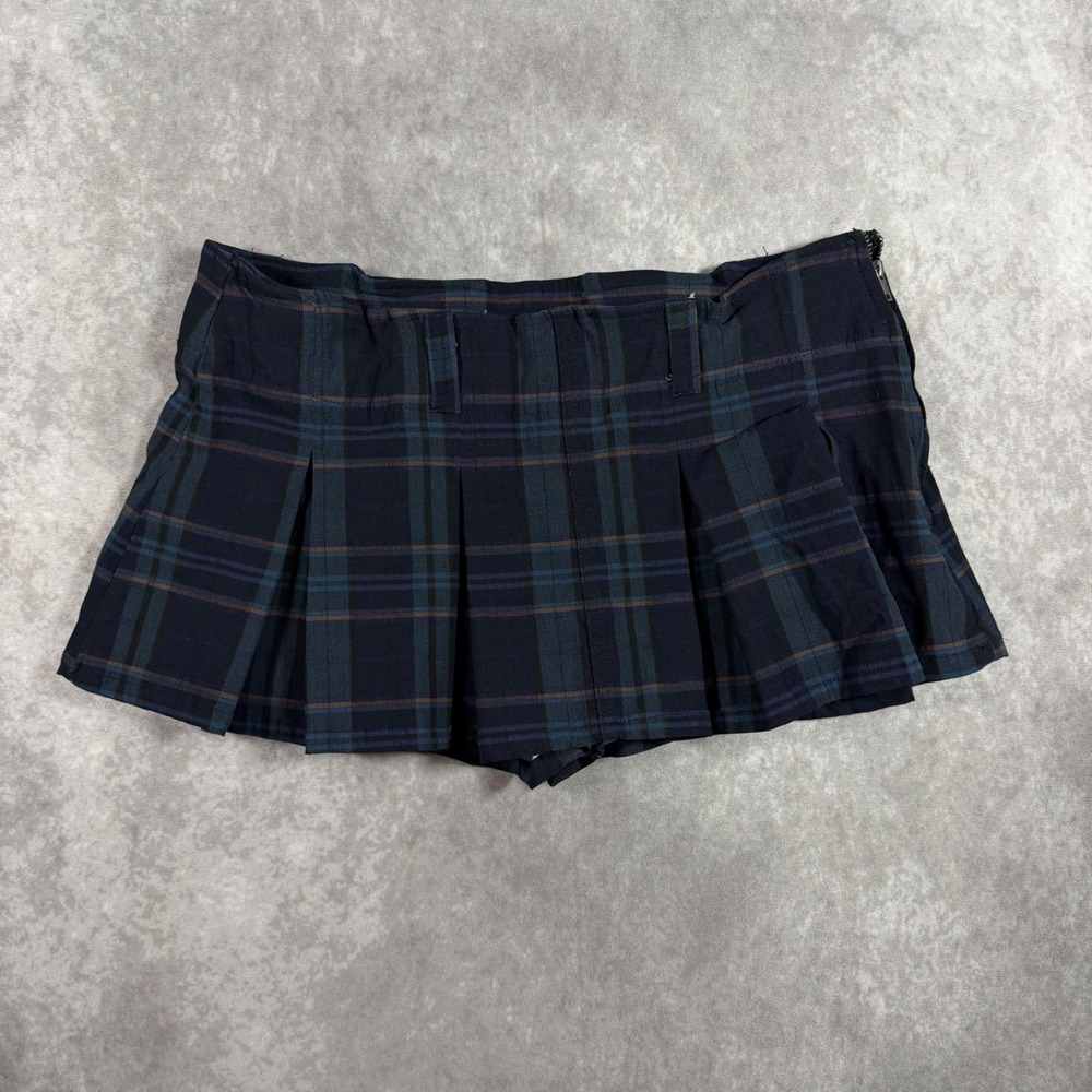 Dark Academia Navy Blue Green Plaid Pleated Mini Skort Side Zip Womens Medium